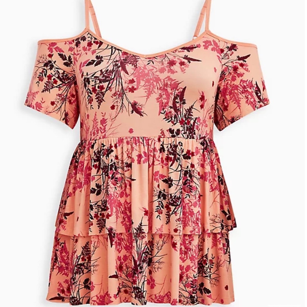 Super Soft Peach Floral Cold Shoulder Babydoll Top - Picture 3 of 7